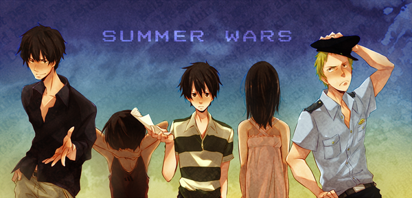 Anime picture 1500x720 with summer wars madhouse ikezawa kazuma shinohara natsuki koiso kenji rim2 short hair brown hair wide image from behind copyright name group police boy peaked cap