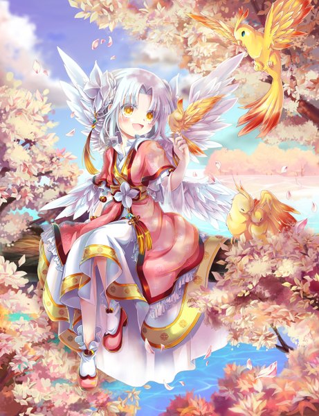 Anime picture 1000x1300 with original sian (jred344) single tall image blush short hair open mouth sitting yellow eyes looking away silver hair :d bird on hand tree sitting girl dress plant (plants) animal petals tree (trees)