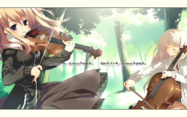 Anime picture 1440x900 with kagome (traumatize) long hair fringe blonde hair wide image standing purple eyes multiple girls outdoors blunt bangs eyes closed wind letterboxed smoke third-party edit smoking playing instrument music girl dress