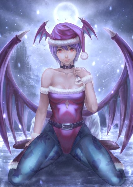Anime picture 1680x2352 with vampire / darkstalkers (game) capcom lilith aensland yazuwo single tall image looking at viewer short hair light erotic red eyes bare shoulders purple hair christmas head wings girl wings belt