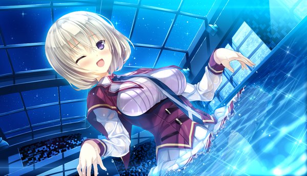 Anime picture 1320x760 with primal x hearts kanna kana single blush short hair open mouth wide image game cg white hair one eye closed wink night girl uniform school uniform necktie pool