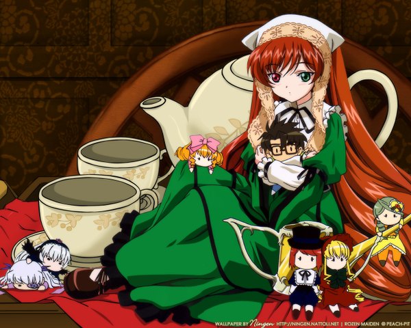 Anime picture 1280x1024 with rozen maiden suigintou shinku suiseiseki souseiseki hina ichigo kirakishou kanaria sakurada jun ningen (nattoli) yamauchi naoki long hair short hair blonde hair red eyes brown hair sitting multiple girls green eyes signed