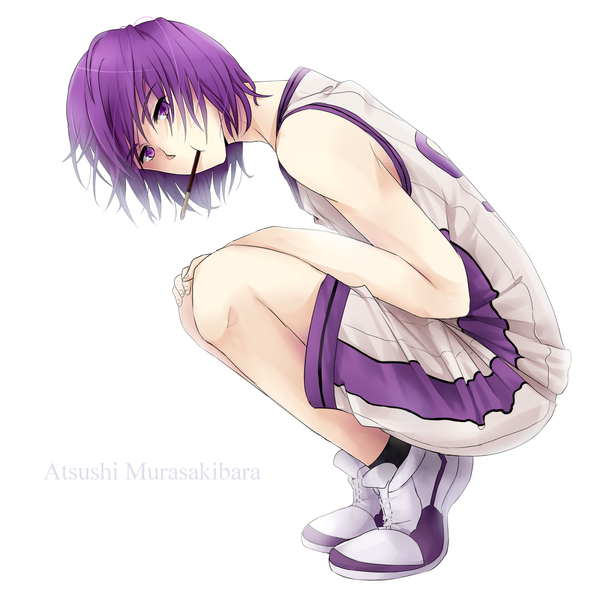 Anime picture 1683x1656 with kuroko no basket production i.g murasakibara atsushi single looking at viewer fringe short hair simple background white background purple eyes holding purple hair inscription character names mouth hold eating boy uniform socks sweets