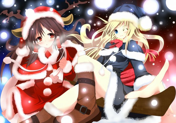 Anime picture 1280x897 with touhou hakurei reimu kirisame marisa sukage long hair blush blue eyes black hair blonde hair red eyes multiple girls horn (horns) fur trim christmas exhalation girl 2 girls wings boots fur