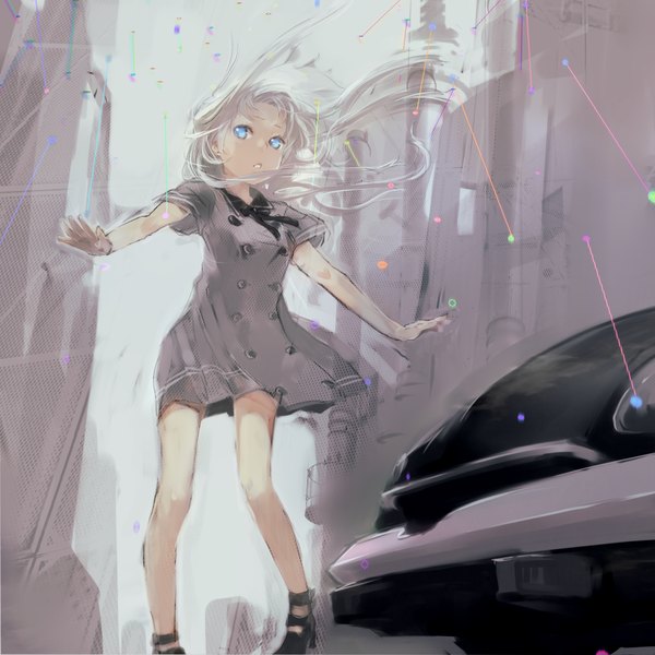 Anime picture 1332x1332 with original nimirom single long hair blue eyes white hair wind girl dress ground vehicle car confetti