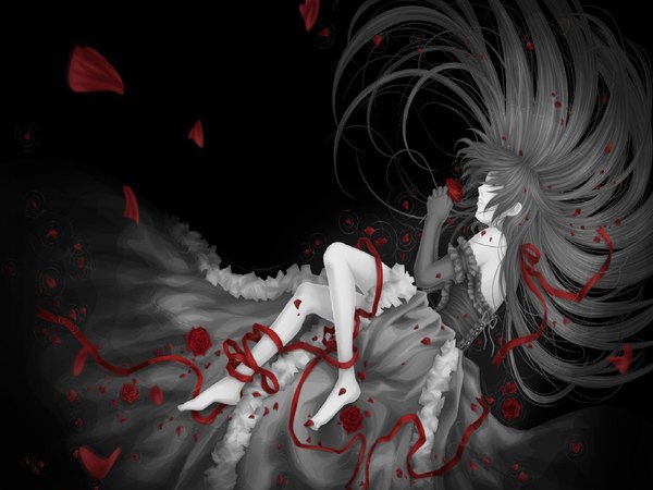 Anime picture 1600x1200 with pandora hearts xebec asa00 long hair fringe bare shoulders profile barefoot grey hair legs monochrome crying spot color girl dress gloves ribbon (ribbons) petals water elbow gloves