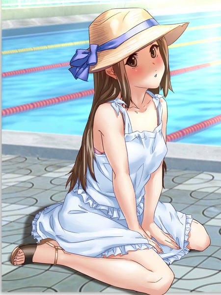 Anime picture 2400x3200 with original yawakon single long hair tall image looking at viewer blush highres brown hair bare shoulders brown eyes girl hat sundress sandals pool