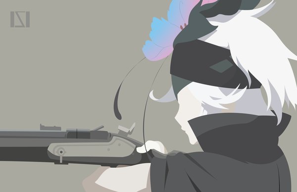 Anime picture 1024x663 with rokka no yuusha fremy speeddraw isinho short hair simple background holding upper body white hair profile hair flower grey background wallpaper vector white skin no face abstract girl flower (flowers) weapon hairband