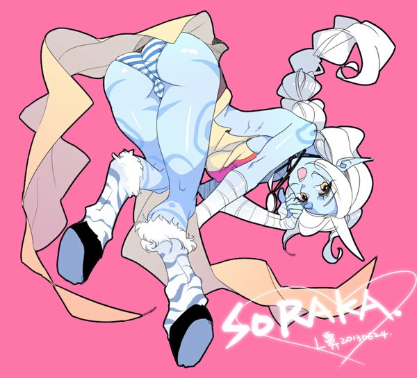 Anime picture 1100x1000 with league of legends soraka (league of legends) lbi (pixiv id425721) single long hair open mouth light erotic yellow eyes ass white hair pointy ears inscription tattoo single braid cameltoe pink background girl underwear panties striped panties