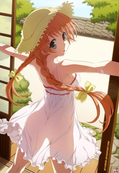 Anime picture 1324x1920 with original hisashi (nekoman) skycreed single long hair tall image open mouth light erotic brown eyes braid (braids) looking back wind sunlight orange hair :o armpit (armpits) twin braids coloring spread arms see-through silhouette