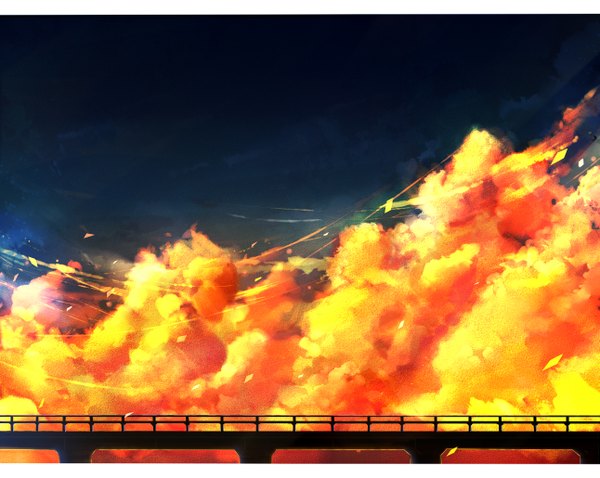 Anime picture 1291x1029 with original yuuko sky cloud (clouds) wind no people landscape petals bridge road