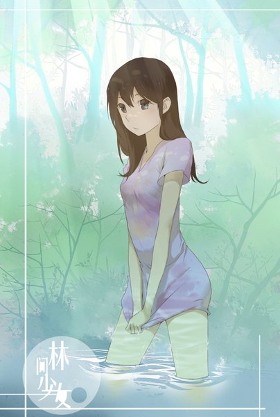 Anime picture 1488x2208 with original exe336 single long hair tall image brown hair brown eyes shadow wet partially submerged wet clothes girl dress plant (plants) tree (trees) water short dress blue dress