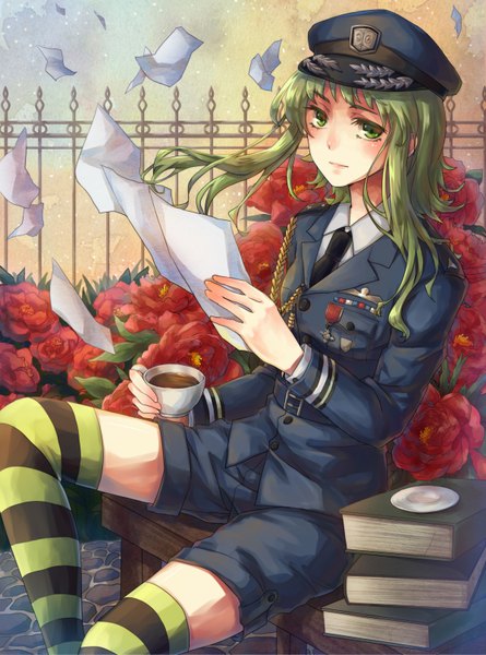 Anime picture 1200x1616 with vocaloid gumi pollia single long hair tall image looking at viewer blush green eyes green hair girl thighhighs uniform flower (flowers) shorts book (books) striped thighhighs military uniform cup peaked cap