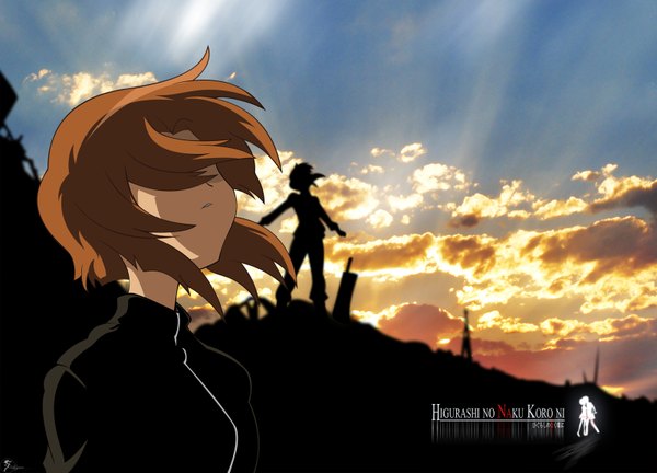 Anime picture 1600x1152 with higurashi no naku koro ni studio deen ryuuguu rena short hair brown hair standing multiple girls payot sky cloud (clouds) upper body outdoors parted lips wind copyright name evening sunset horizon silhouette hair over eyes