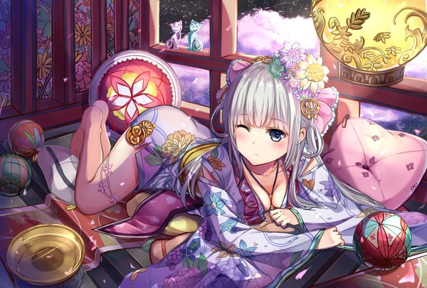 Anime picture 1914x1294 with original karumayu single long hair looking at viewer blush highres blue eyes white hair traditional clothes japanese clothes one eye closed hair flower wink girl hair ornament flower (flowers) petals kimono pillow