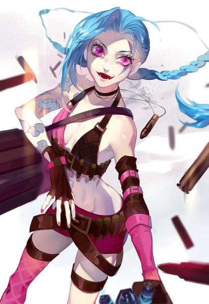 Anime picture 2031x2952 with league of legends jinx (league of legends) dj.adonis single tall image highres open mouth light erotic smile blue hair braid (braids) very long hair nail polish pink eyes from above fang (fangs) tattoo twin braids flat chest looking up