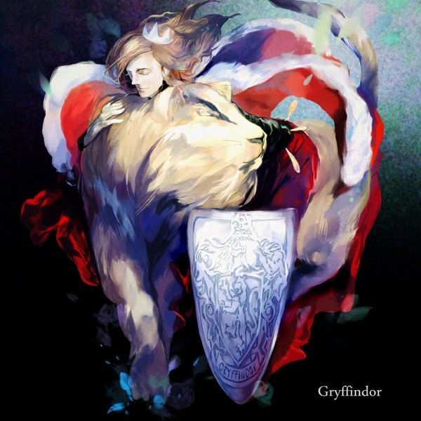 Anime picture 1024x1024 with harry potter godric gryffindor long hair brown hair eyes closed wind hug dark background boy cloak crown mantle shield lion