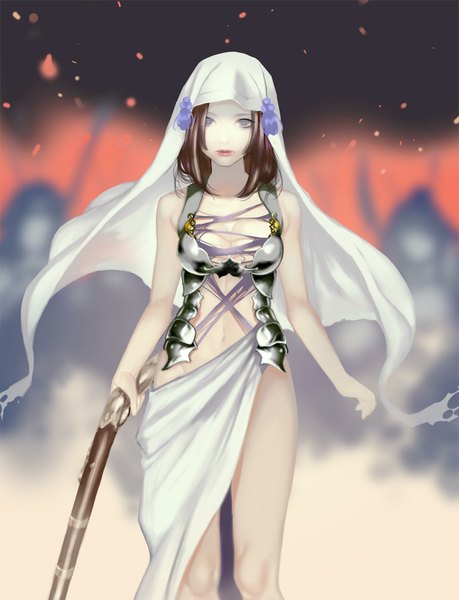 Anime picture 1300x1700 with sengoku wars hag (pixiv) single tall image looking at viewer short hair breasts light erotic brown hair blurry grey eyes legs torn clothes warrior girl navel weapon headdress armor gun