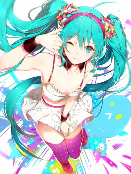 Anime picture 1000x1331 with vocaloid redial (vocaloid) hatsune miku phino (jinko0094) single tall image looking at viewer light erotic twintails very long hair one eye closed aqua eyes wink aqua hair polka dot girl thighhighs skirt miniskirt headphones