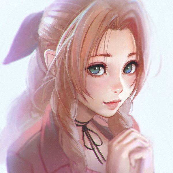 Anime picture 900x900 with final fantasy final fantasy vii square enix aerith gainsborough ilya kuvshinov single long hair looking at viewer blush fringe blue eyes simple background brown hair white background green eyes from above lips realistic portrait hands clasped