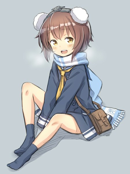 Anime picture 750x1000 with kantai collection yukikaze destroyer kuinji 51go single tall image blush fringe short hair open mouth brown hair sitting brown eyes looking away grey background no shoes exhalation girl socks scarf headband