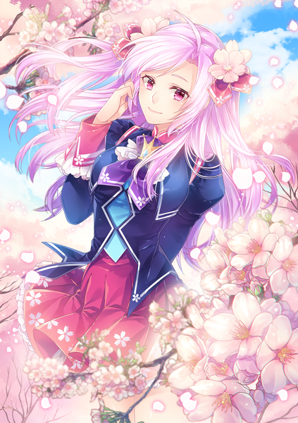 Anime picture 1748x2480 with silverbin single long hair tall image looking at viewer highres pink hair pink eyes hair flower cherry blossoms girl skirt uniform flower (flowers) plant (plants) school uniform petals tree (trees)