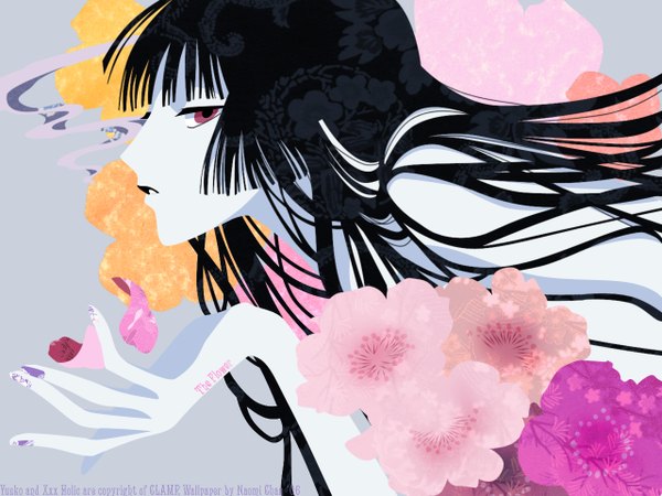Anime picture 1280x960 with xxxholic clamp ichihara yuuko single long hair fringe black hair red eyes signed blunt bangs nail polish profile wallpaper copyright name character names nail art girl flower (flowers)