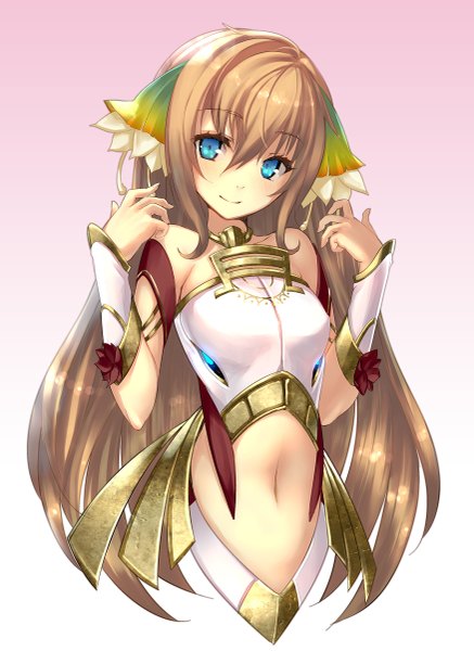 Anime picture 1750x2400 with ar nosurge ionasal kkll preciel ntny single long hair tall image looking at viewer blush fringe highres blue eyes simple background blonde hair smile white background bare shoulders upper body ahoge head tilt arm up
