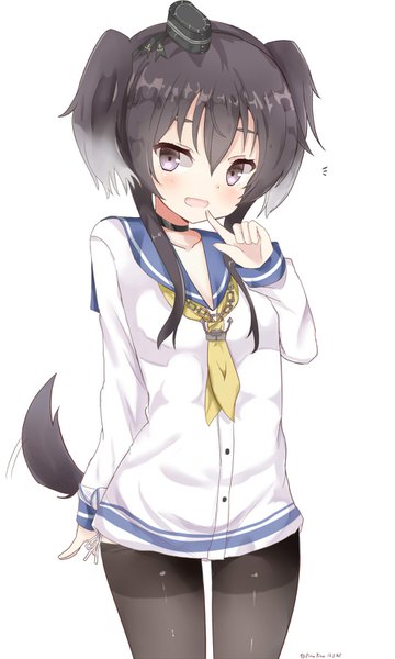 Anime picture 960x1600 with kantai collection tokitsukaze destroyer pinoaisu single long hair tall image looking at viewer blush fringe breasts open mouth black hair simple background hair between eyes standing signed animal ears payot tail head tilt
