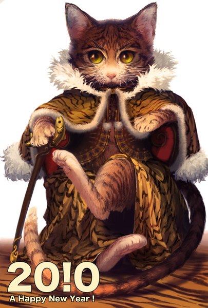 Anime picture 1181x1748 with original yuanmaru tall image yellow eyes no people new year happy new year 2010 cat mantle cane