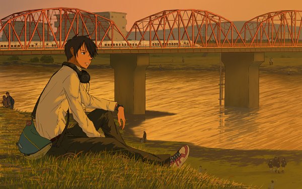 Anime picture 1100x689 with original goke shike (altamira05) short hair open mouth brown hair wide image sitting brown eyes looking away sky evening sunset landscape walking river headphones around neck boy plant (plants) water shoes