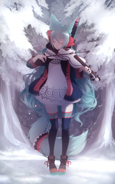 Anime picture 1024x1639 with samascqua single tall image fringe hair between eyes standing holding animal ears tail eyes closed very long hair head tilt animal tail aqua hair fox ears fox tail playing instrument girl thighhighs dress