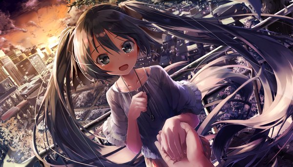 Anime picture 2089x1197 with vocaloid hatsune miku daidou (demitasse) looking at viewer blush fringe highres open mouth blue eyes hair between eyes wide image twintails payot sky silver hair outdoors very long hair from above wind sunlight