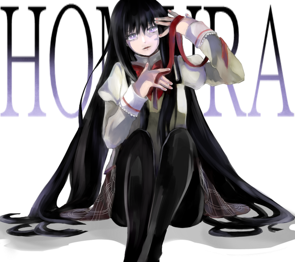 Anime picture 900x800 with mahou shoujo madoka magica shaft (studio) akemi homura darico single looking at viewer fringe black hair sitting purple eyes very long hair head tilt arm up character names transparent background girl uniform ribbon (ribbons) school uniform pantyhose