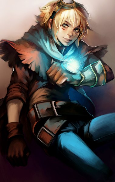 Anime picture 1000x1582 with league of legends original ezreal (league of legends) ippus single tall image looking at viewer short hair blonde hair smile sitting green eyes boy gloves glasses
