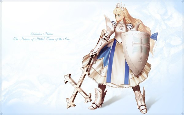 Anime picture 1920x1200 with shining (series) shining tears shining wind clalaclan philias tony taka long hair fringe highres blonde hair wide image green eyes wallpaper blue background girl ribbon (ribbons) hair ribbon armor cross crown shield