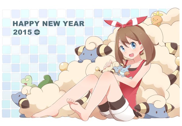 Anime picture 1300x900 with pokemon pokemon (game) pokemon oras nintendo may (pokemon) mudkip torchic treecko mareep riz (ravel dc) single short hair open mouth blue eyes brown hair sitting bare shoulders barefoot new year happy new year