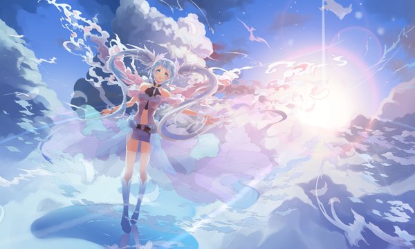 Anime picture 4050x2430 with vocaloid hatsune miku bzerox single looking at viewer blush highres blue eyes wide image twintails blue hair absurdres sky cloud (clouds) very long hair lens flare girl dress skirt