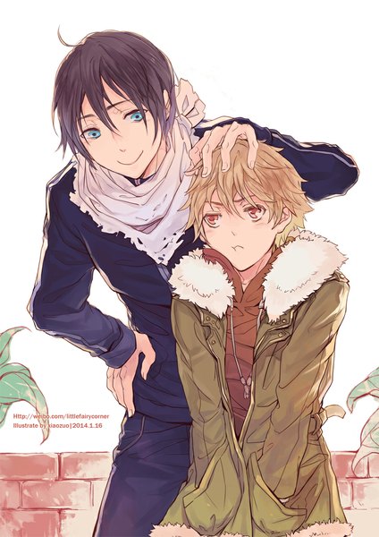 Anime picture 800x1132 with noragami studio bones yato (noragami) yukine (noragami) yamato5240 tall image fringe simple background blonde hair smile standing white background brown eyes purple hair aqua eyes inscription open clothes open jacket multiple boys hand on hip