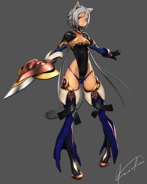 Anime picture 960x1200 with original pixiv fantasia simuka (kazakami) single tall image looking at viewer short hair blue eyes light erotic simple background standing animal ears tail animal tail grey hair girl gloves underwear weapon armor