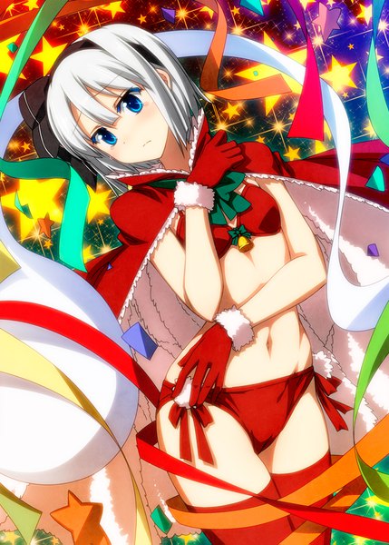 Anime picture 1200x1679 with touhou konpaku youmu myon sazanami mio single tall image blush short hair blue eyes light erotic looking away silver hair christmas girl thighhighs gloves navel ribbon (ribbons) swimsuit bikini