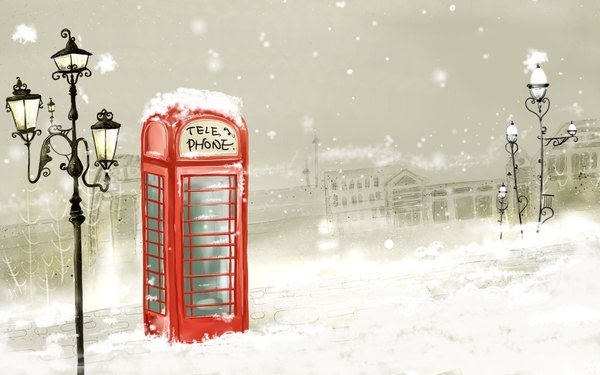 Anime picture 1920x1200 with original tagme (artist) highres wide image city snowing winter snow building (buildings) lantern phone lamppost phone booth