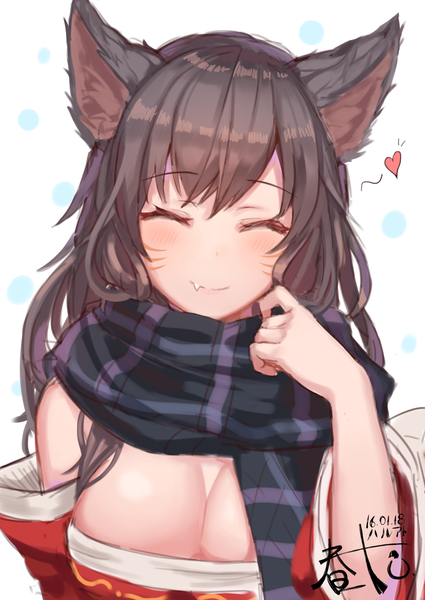 Anime picture 1500x2117 with league of legends ahri (league of legends) ato (haru ato) single long hair tall image blush breasts light erotic simple background smile brown hair large breasts white background signed animal ears cleavage eyes closed fang (fangs) fox ears