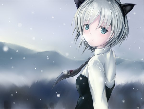 Anime picture 1000x756 with strike witches sanya v. litvyak nannacy7 single looking at viewer short hair blue eyes animal ears silver hair snowing winter exhalation girl necktie