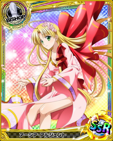 Anime picture 640x800 with highschool dxd asia argento single long hair tall image looking at viewer blonde hair green eyes light smile card (medium) girl dress hair ornament