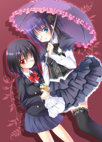 Anime picture 732x1024 with chuunibyou demo koi ga shitai! another kyoto animation p.a. works takanashi rikka misaki mei nakada rumi tall image looking at viewer blush short hair open mouth blue eyes black hair smile red eyes multiple girls blue hair girl thighhighs