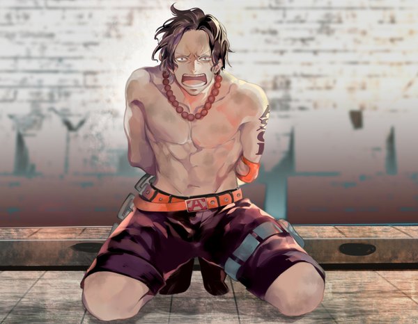 Anime picture 1000x777 with one piece toei animation portgas d. ace roco64 single looking at viewer short hair open mouth black hair tattoo kneeling hands behind back screaming boy shorts belt beads