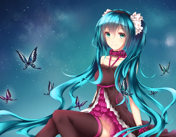 Anime picture 1819x1416 with 7th dragon vocaloid hatsune miku wsman single looking at viewer highres smile twintails very long hair aqua eyes aqua hair girl thighhighs dress black thighhighs insect butterfly