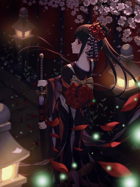 Anime picture 1500x2000 with original cecil86 single long hair tall image looking at viewer blush fringe highres black hair smile red eyes holding payot ponytail long sleeves very long hair traditional clothes japanese clothes profile