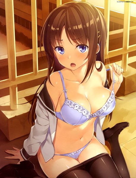 Anime picture 3948x5162 with dengeki moeou yuuki hagure single long hair tall image fringe highres breasts open mouth blue eyes light erotic brown hair sitting signed absurdres outdoors from above sunlight open clothes arm support